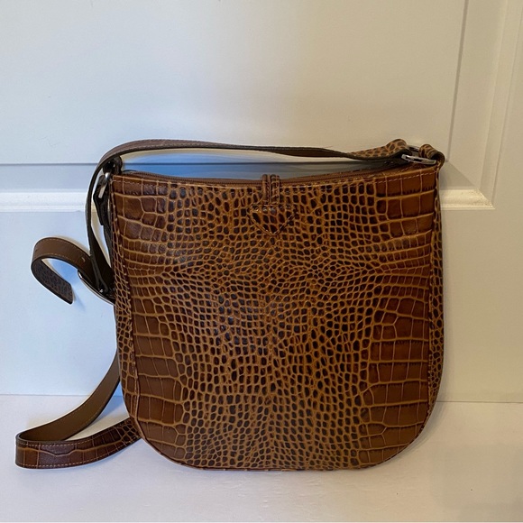 LONGCHAMP BAG CROSSBODY SHOULDER BROWN CROC LOOK LEATHER ZIP TOP SILVER HARDWARE - Picture 4 of 14